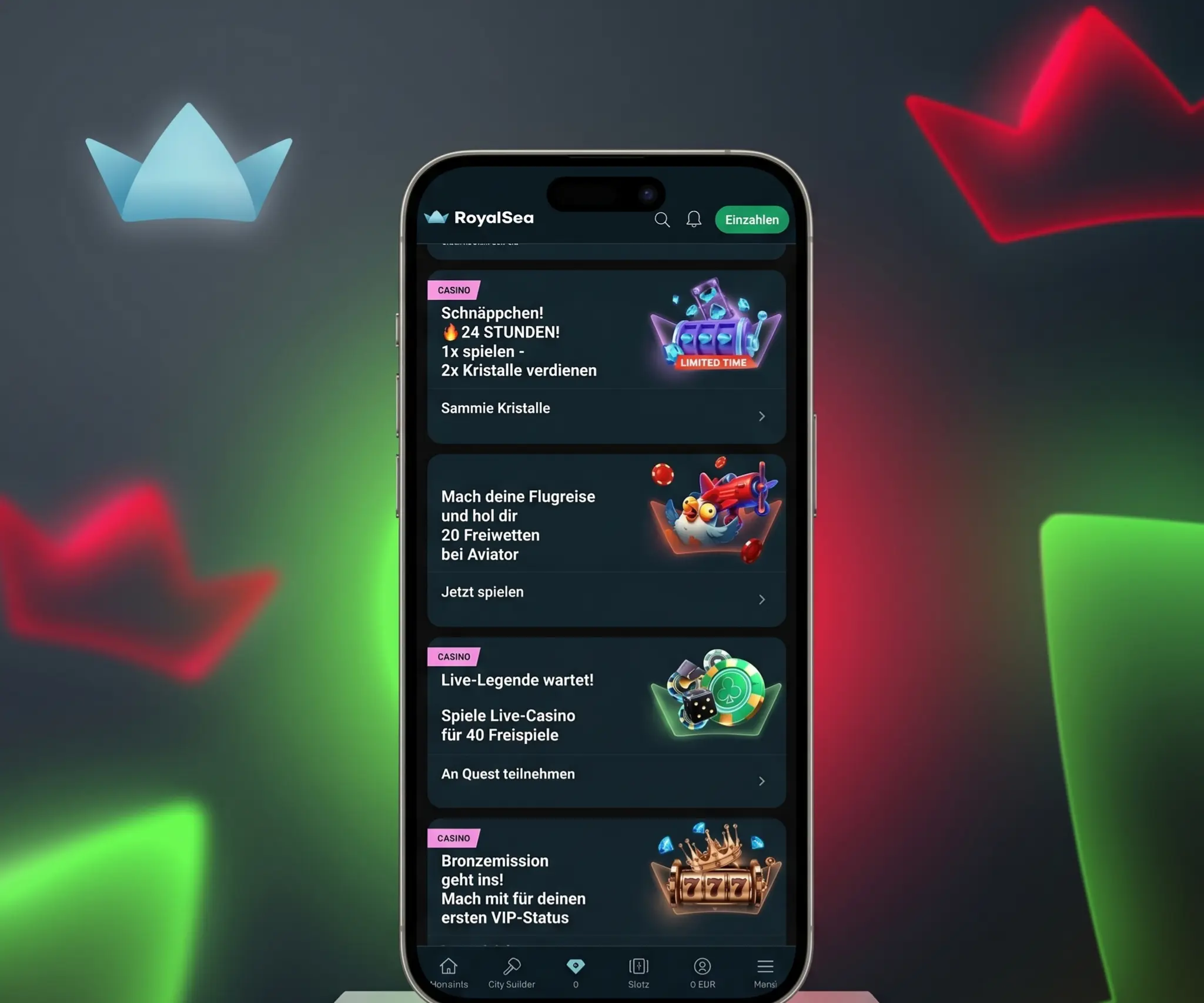 Interfaccia mobile di Royalsea Casino con promozioni e catalogo giochi