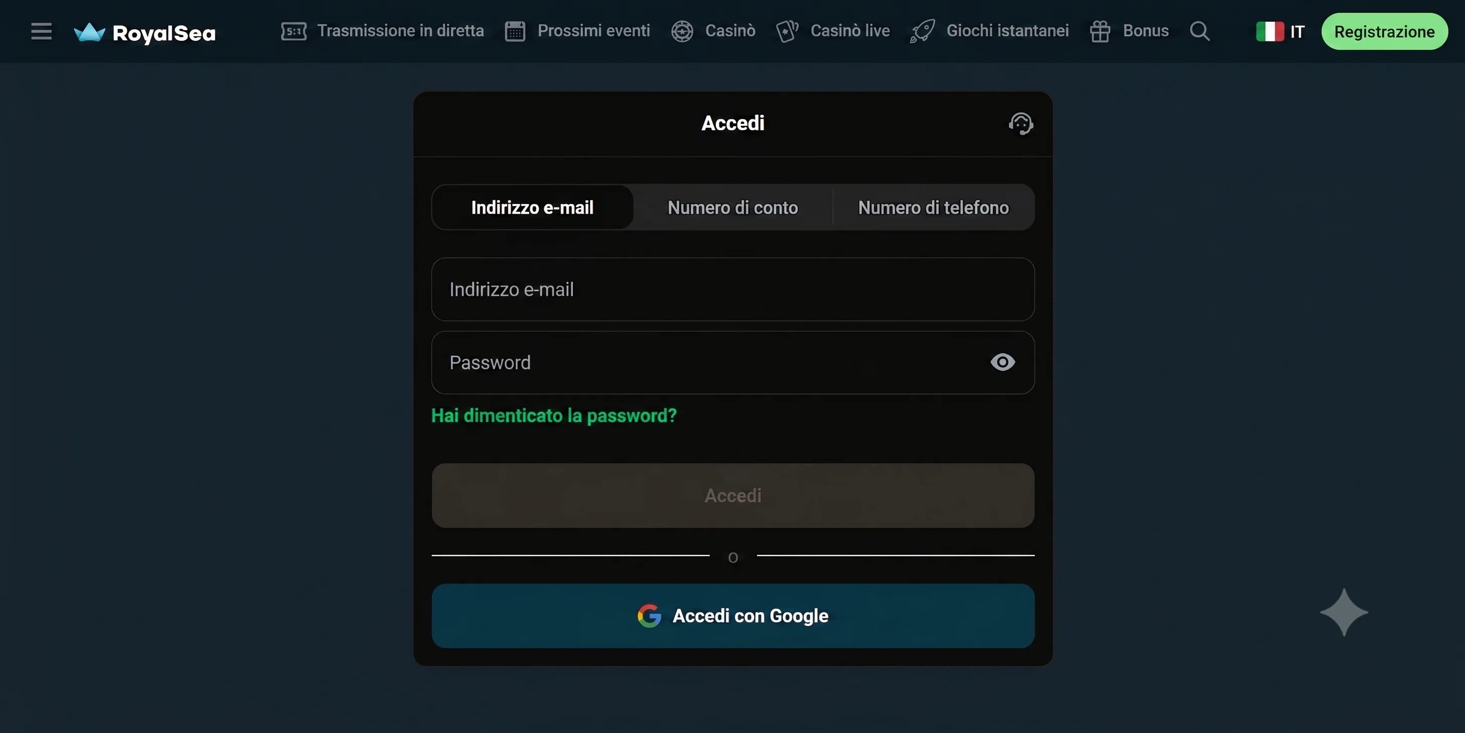 Modulo di accesso (login) di RoyalSea Casino